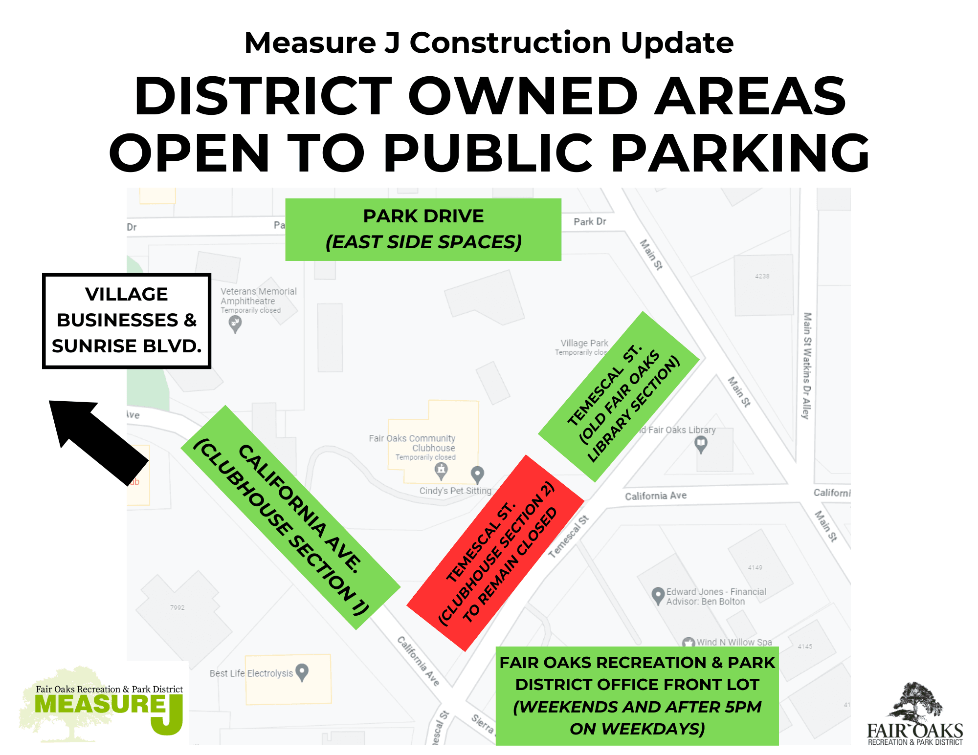 Parking Closure Notice - Open Parking Areas map indicating locations of open parking spots
