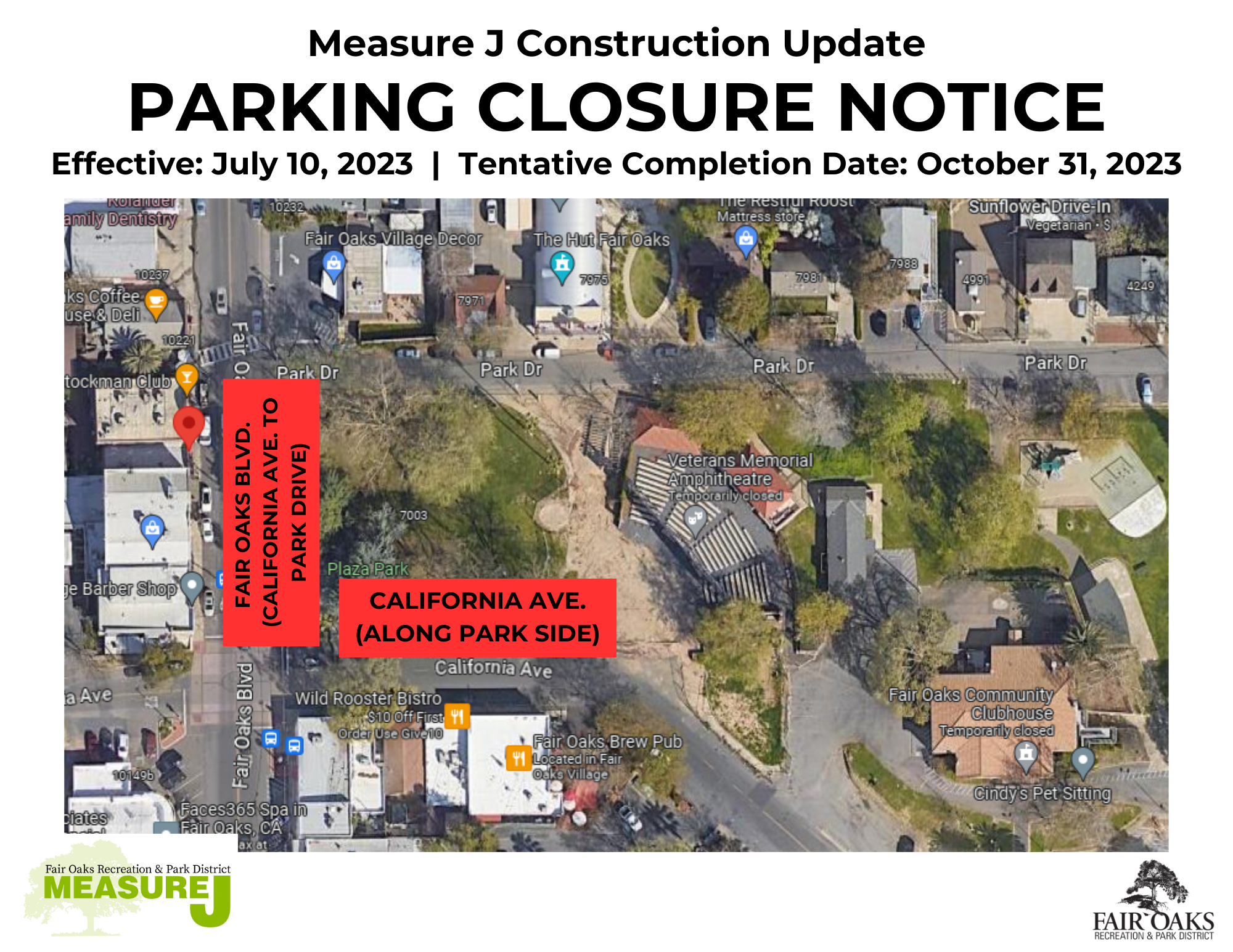 Parking Closure Notice 2023 - image of Village Park map view with indications of parking closures